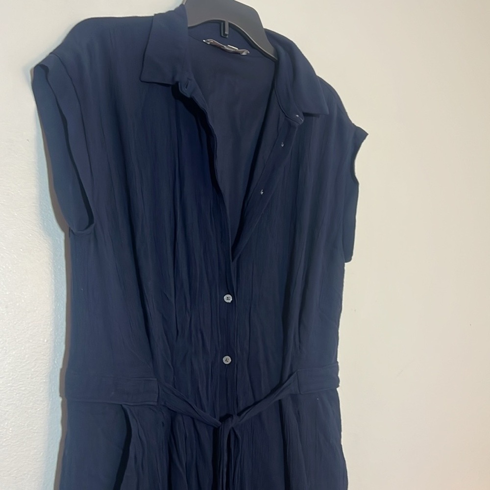 Ann Taylor Loft Navy Blue Button Front Short Sleeve Midi Shirt Dress 12 - Picture 4 of 6